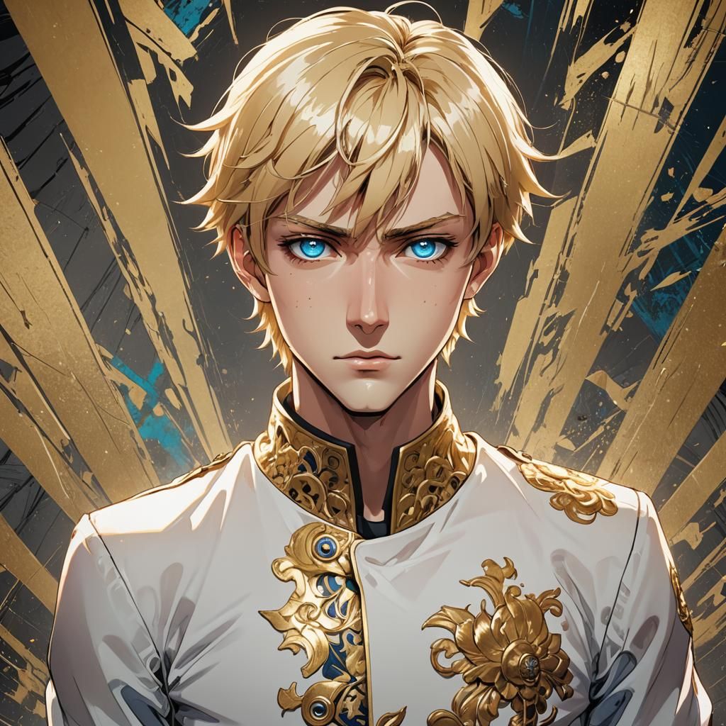 Anime Portrait of Blond Man in Gold, Manga Style