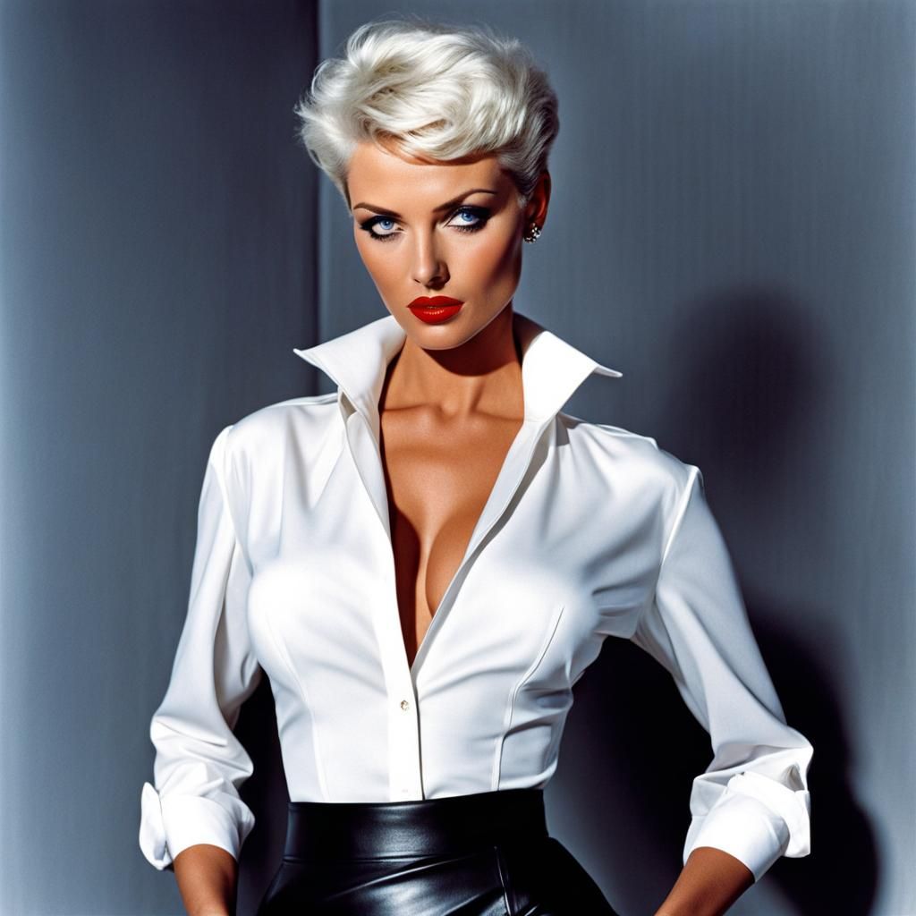 Elegant Woman with Red Lipstick and Leather Skirt