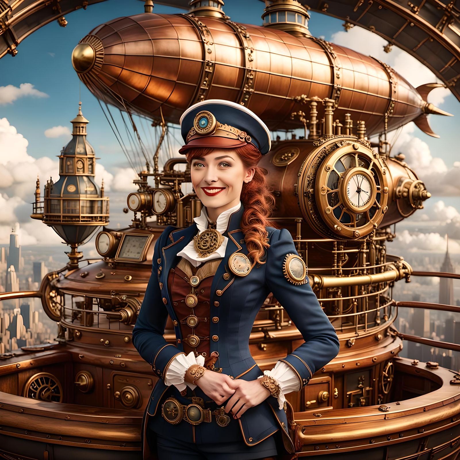 Rococo Steampunk, scene of beautiful smiling female airship ...
