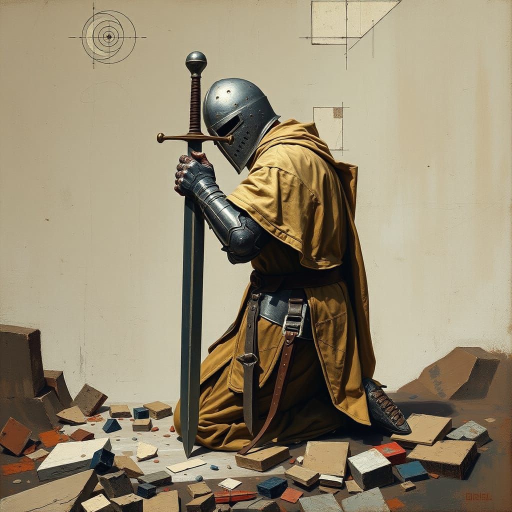 Templar Knight Contemplation with Cubist and Impasto Element...
