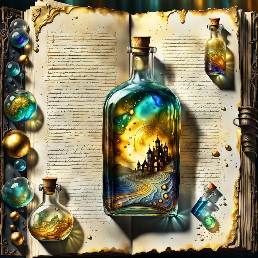 Intricate Glass Bottles on Tattered Parchment: Encaustic Art