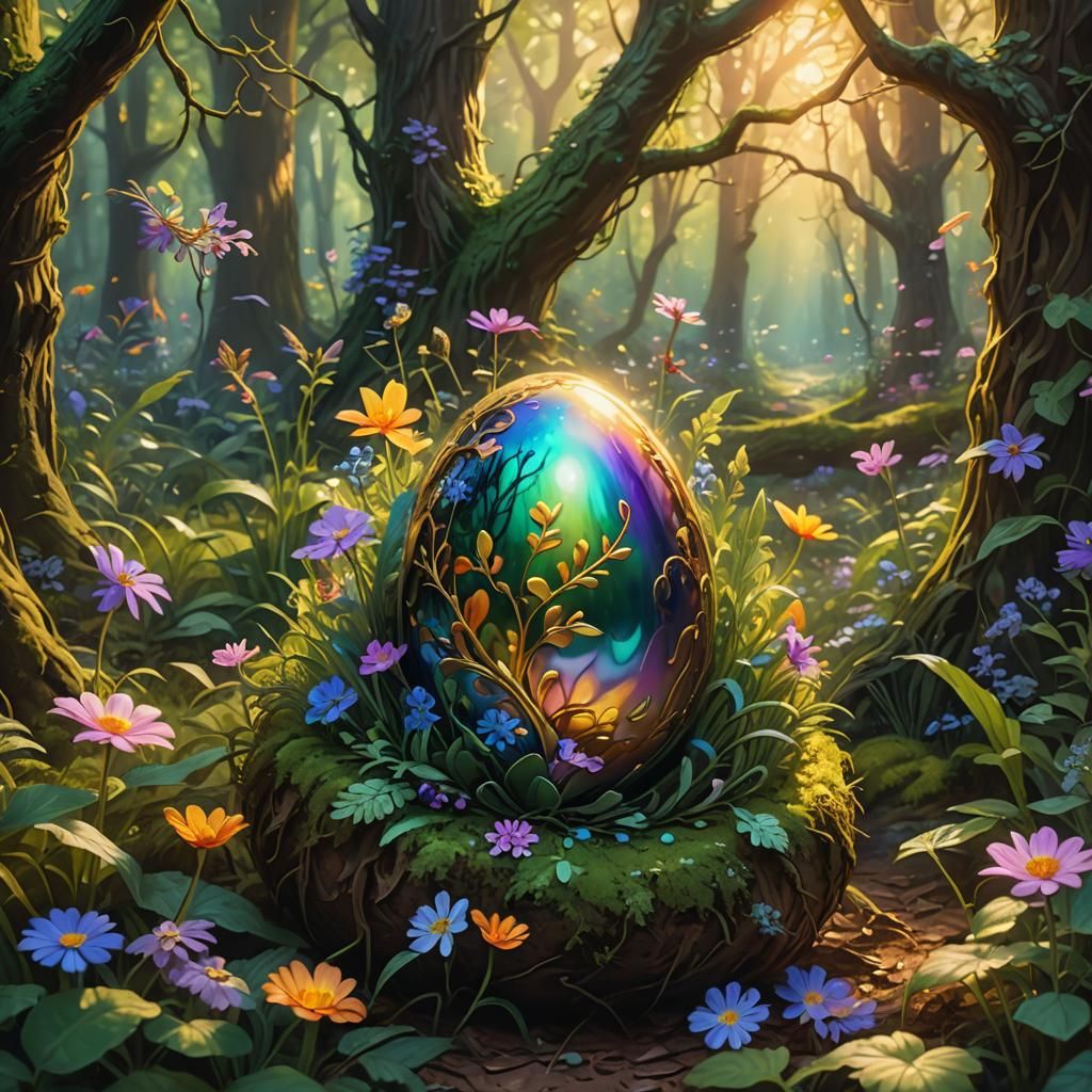 Magical Egg in Mystical Forest, Art Nouveau Style