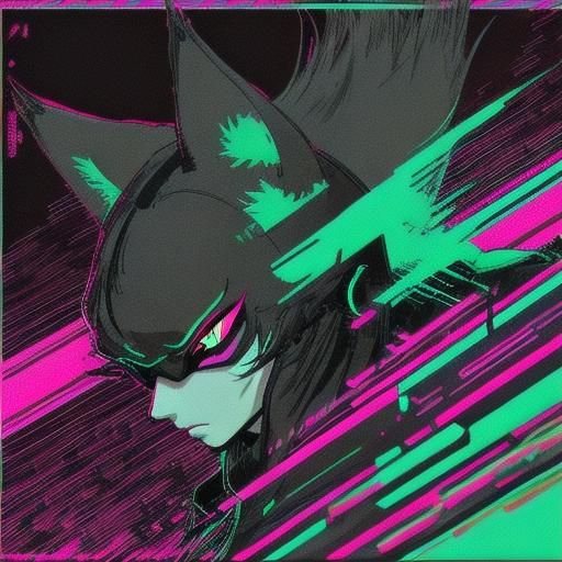 Black Kitsune in Synthwave Neon Retro Style