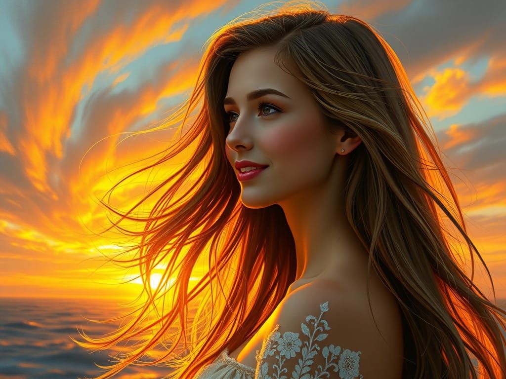 Serene Sunset Portrait in Dreamy, Romantic Style