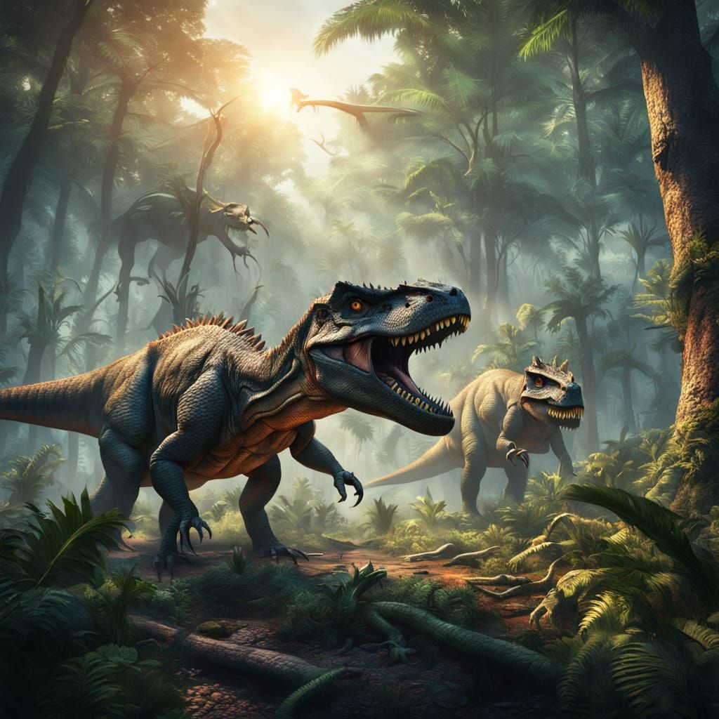 Dinosaurs Battle in Prehistoric Forest: Vivid Digital Art