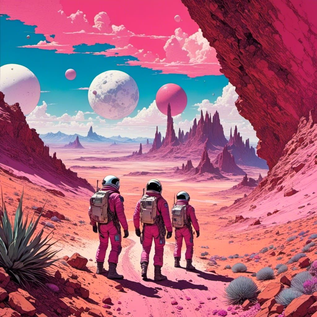 Minimalist Sci-Fi Desert with Pink Astronauts