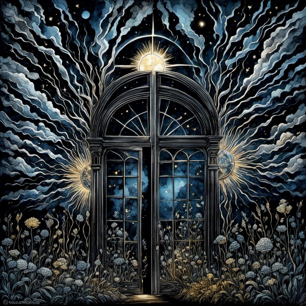 Mirrored Portal to Good and Evil in Watercolor