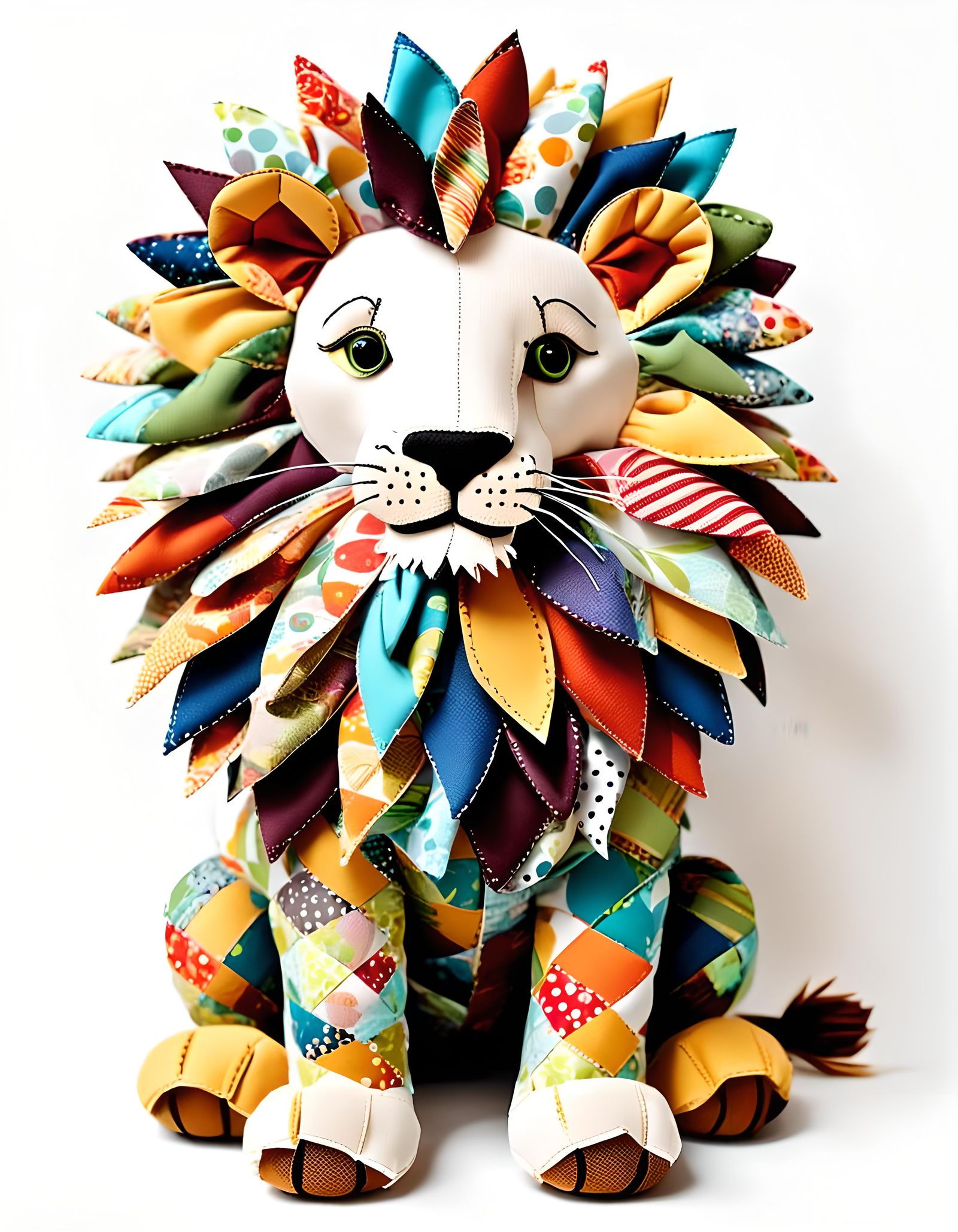 Whimsical Fabric Scrap Lion on White