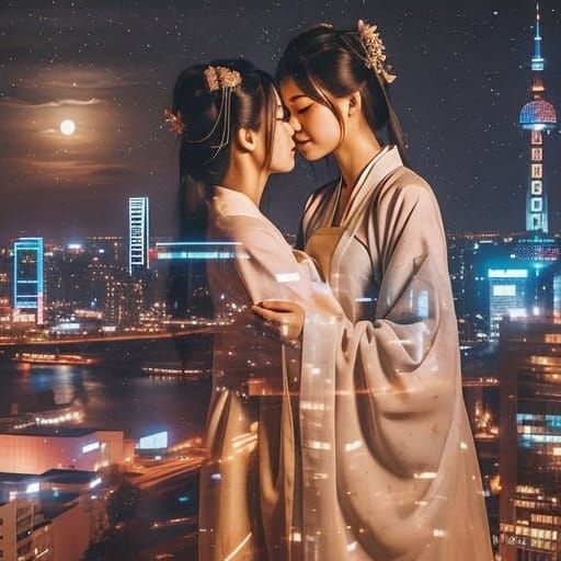 Chinese Goddess Blends with Futuristic Cityscape in a Dreaml...