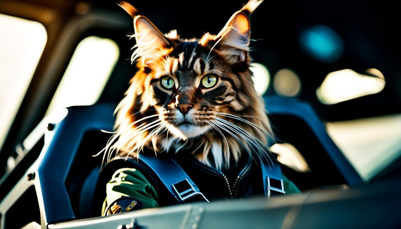 Maine Coon Cat Test Pilot in Fighter Jet