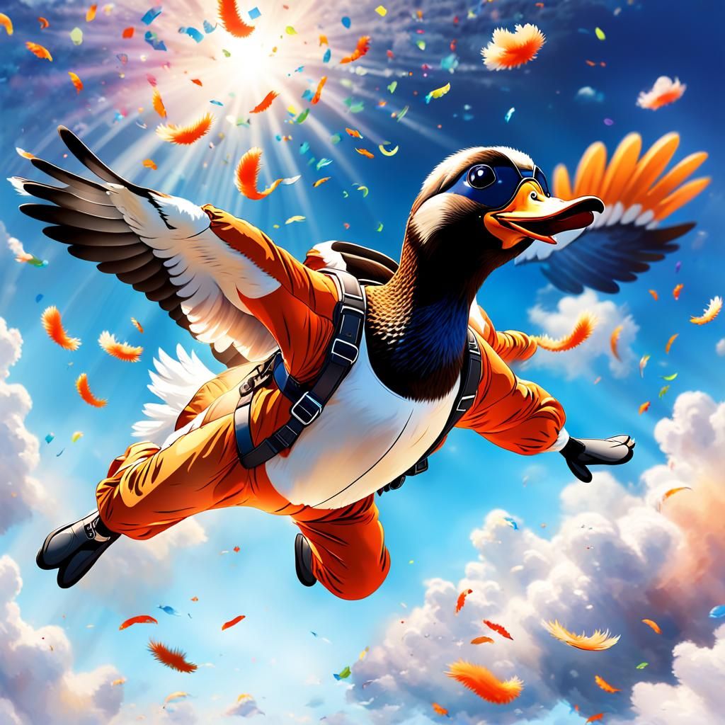 Skydiving Duck in Orange Jumpsuit: Digital Art