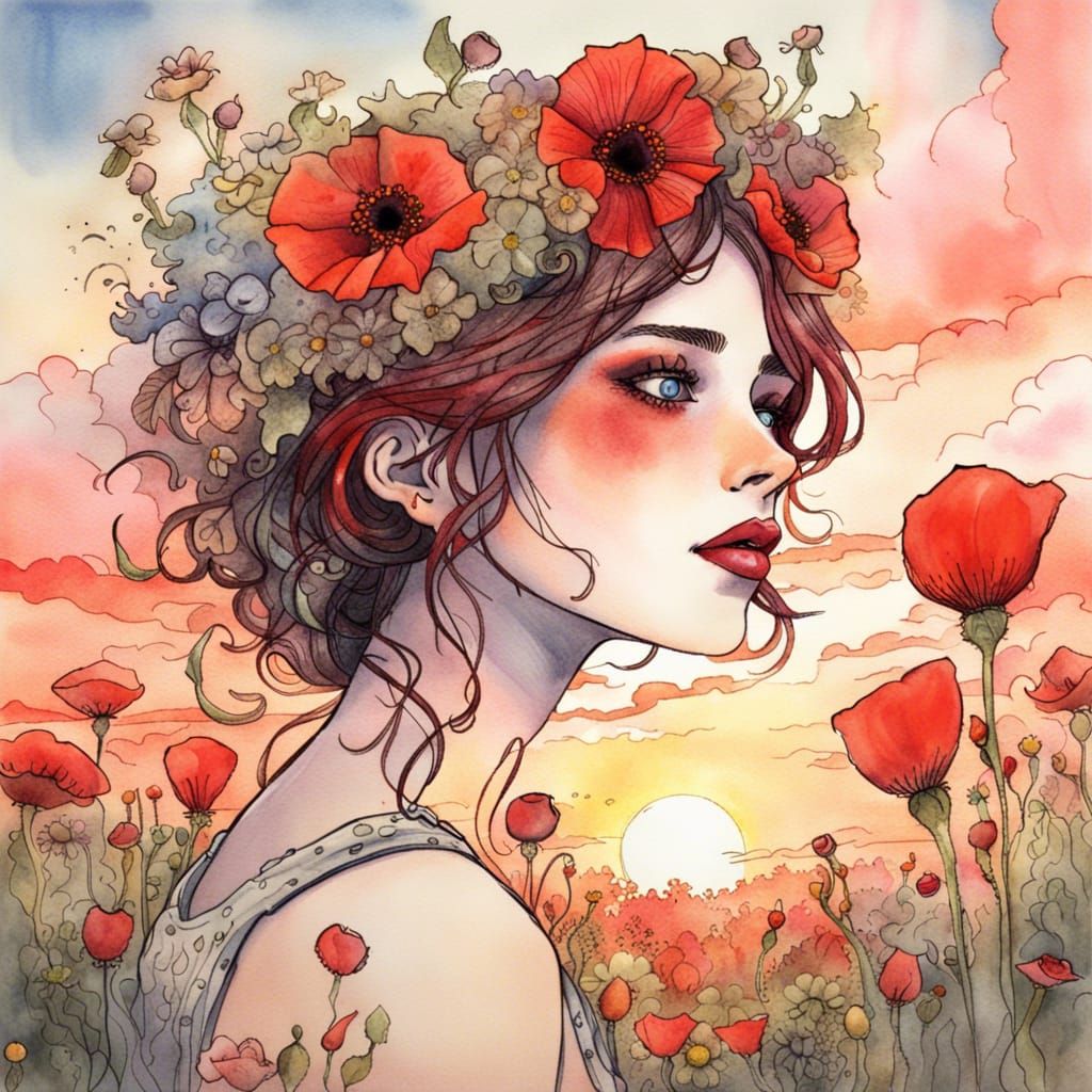 Woman with Flower Crown in Watercolor Ink Style