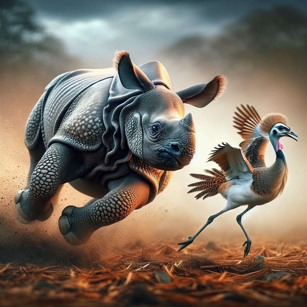 Baby Rhino Chasing Bustard in Hyperrealistic HDR