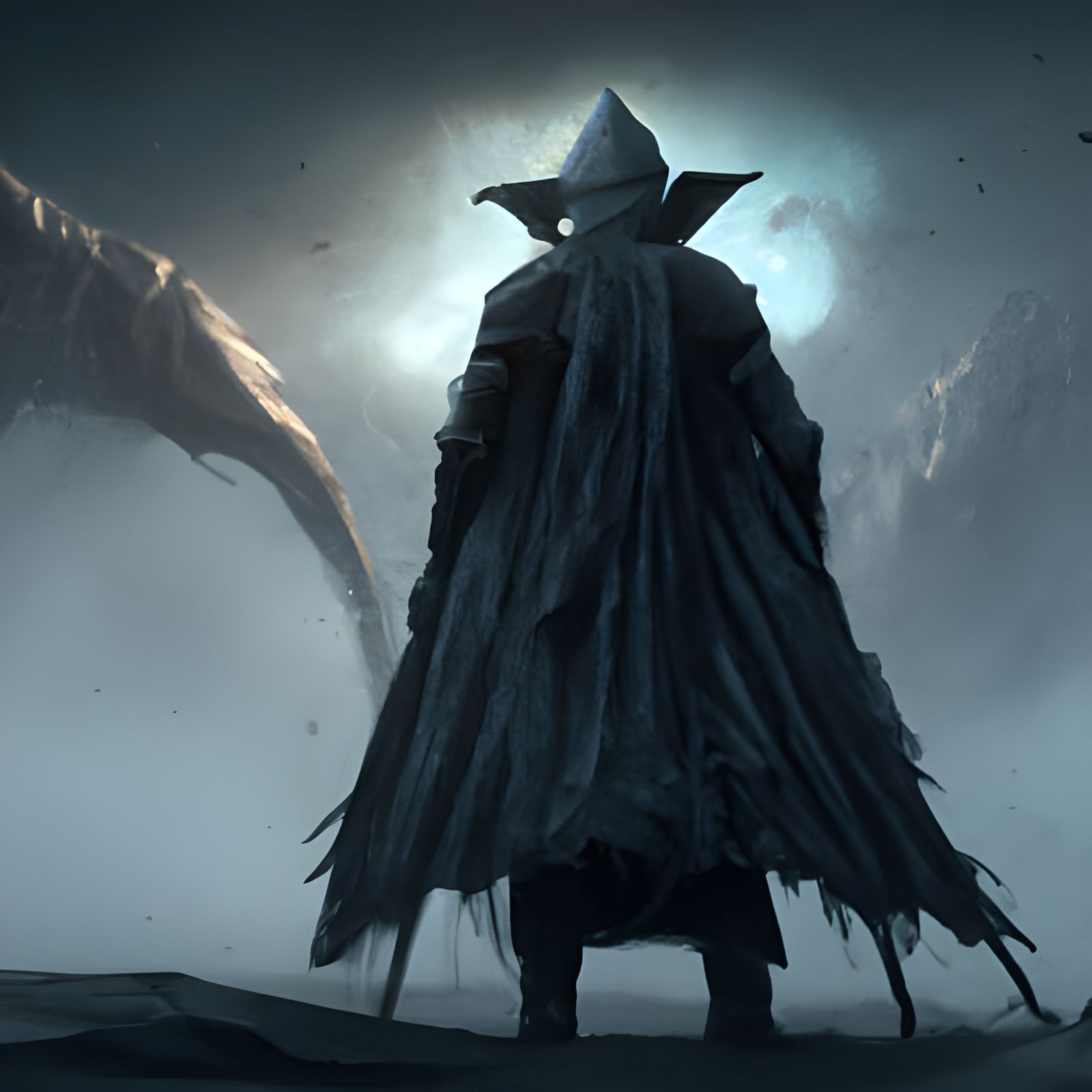 Dramatic Figure in Black Cloak Digital Painting