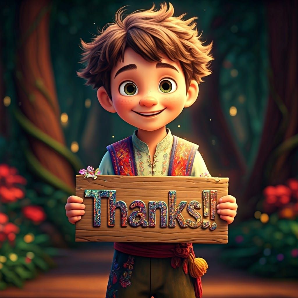 Whimsical Boy in Vibrant Outfit Thanks You