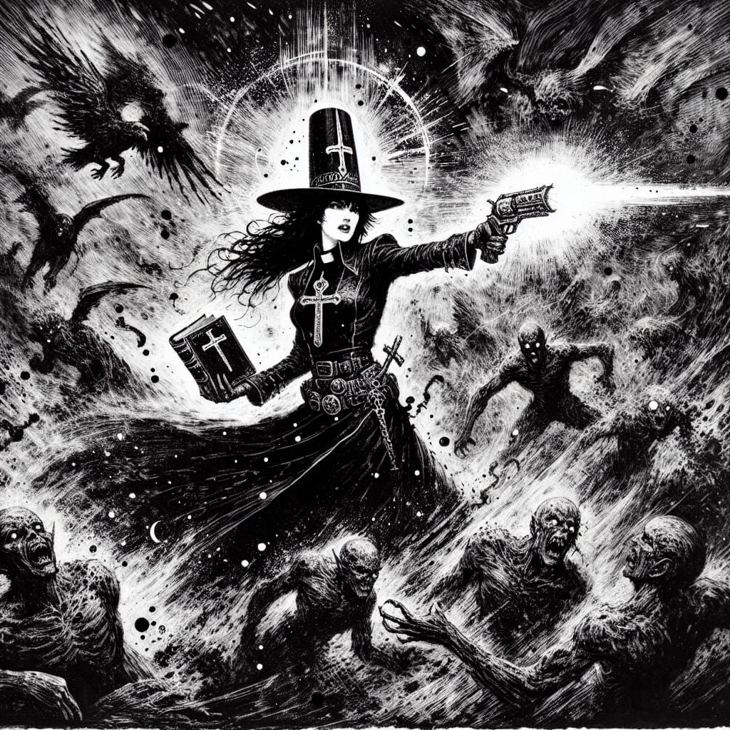 Dark Fantasy Priestess Battles Demons in Hypermaximalist Art