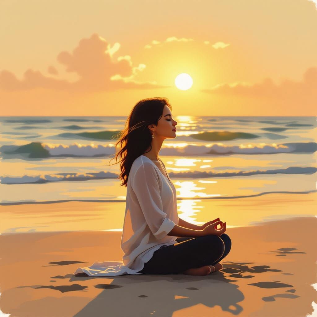 Woman Meditating on Serene Beach at Golden Hour