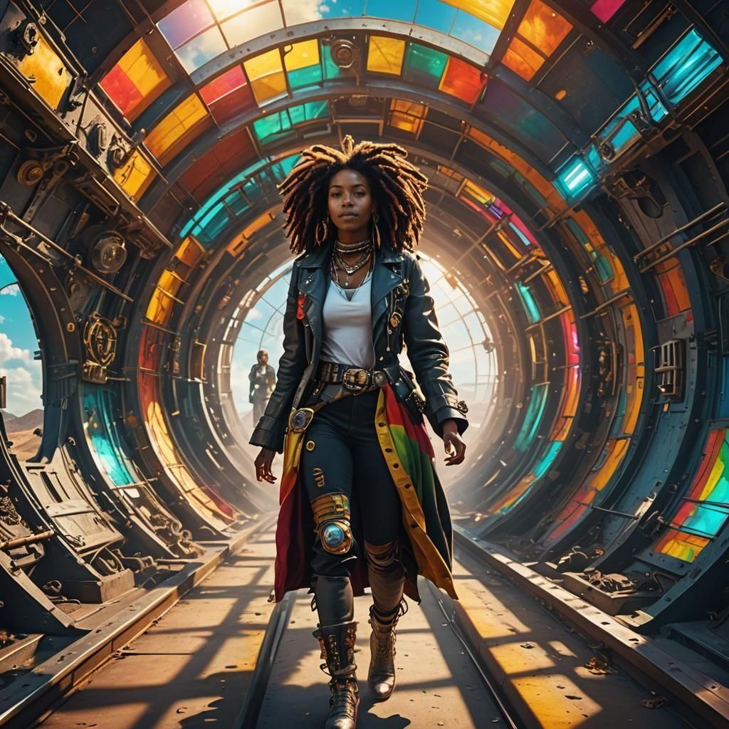 Rastafarian Woman Enters Luminescent Tunnel in Steampunk Wor...