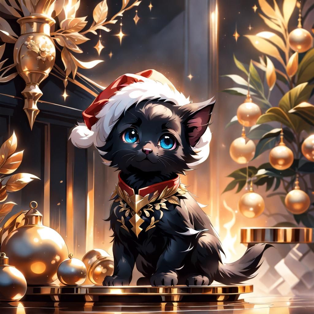 Black Kitten with Santa Hat in Anime Style