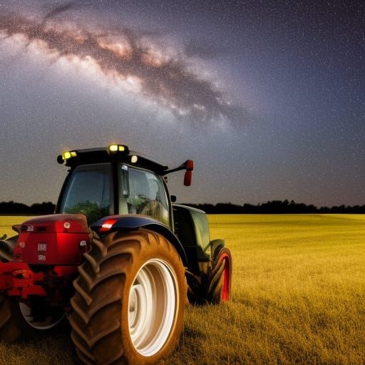 Red Tractor Under Milky Way Night Sky