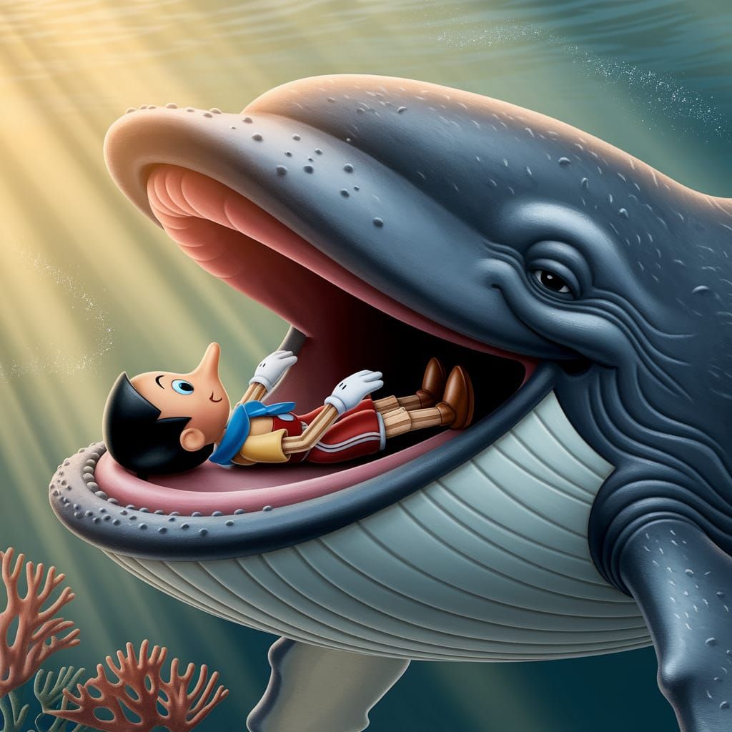 Pinocchio in Whale's Mouth Under Golden Sunlight