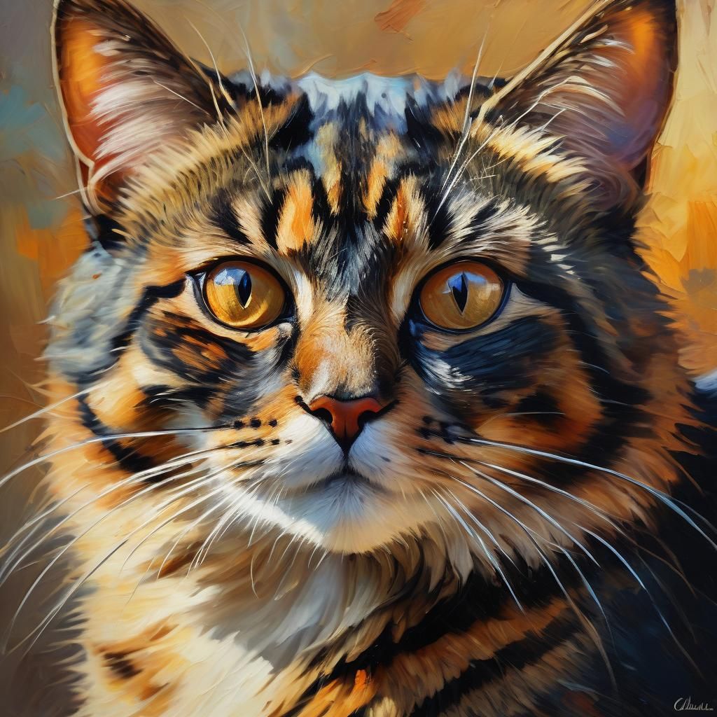 Tortoiseshell Cat Face in Fauvist Oil Painting