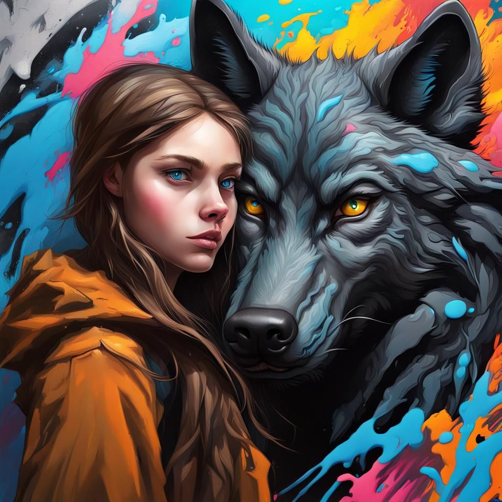 Girl and Giant Wolf in Graffiti Art Style
