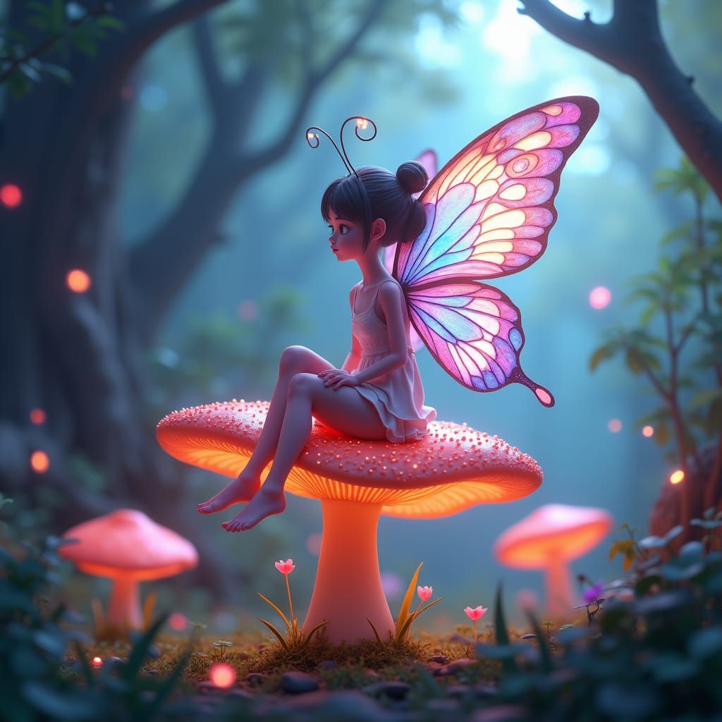 Butterfly Girl on Mushroom in Anime Style