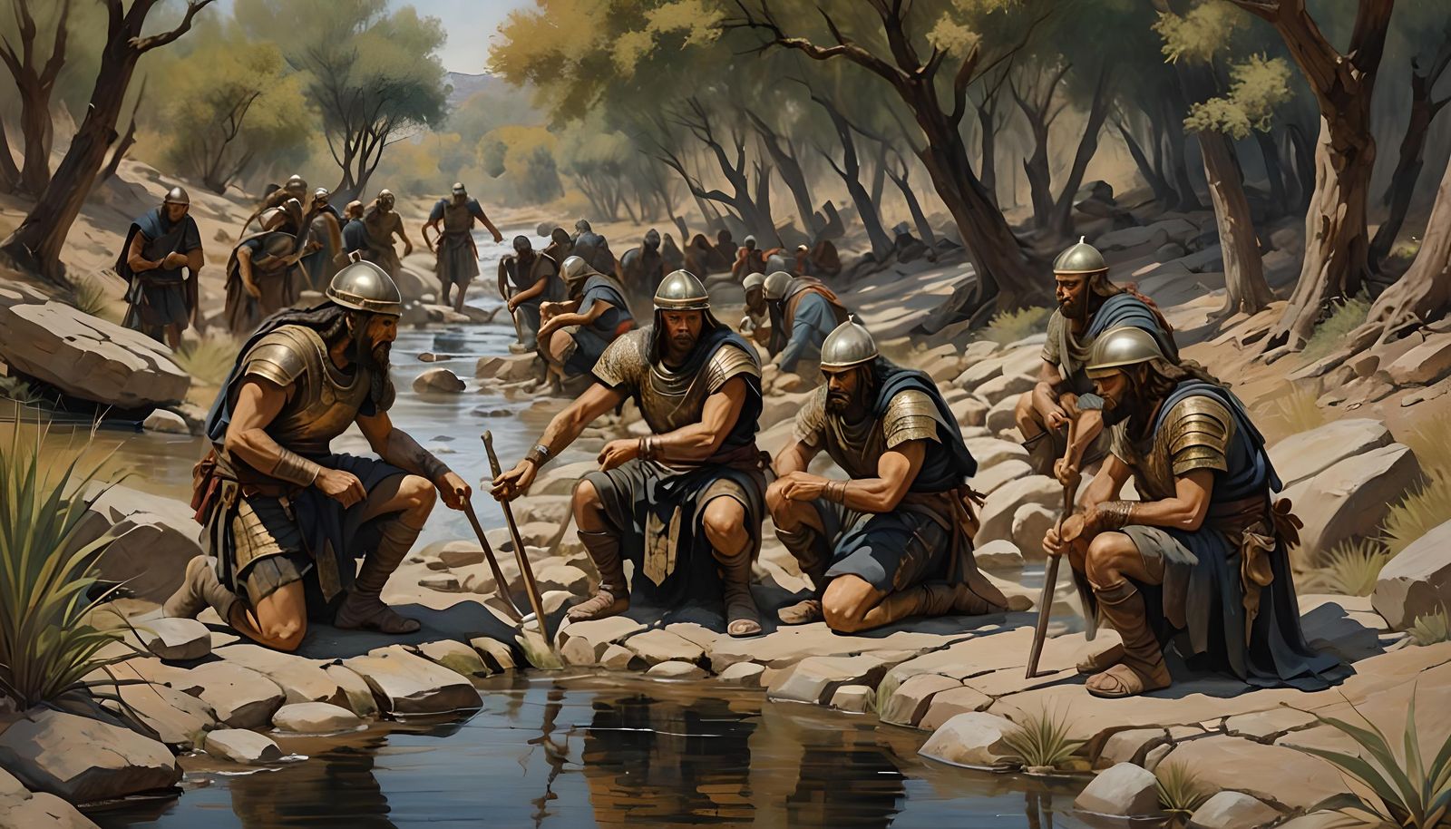 Ancient Warriors Drinking: Impressionist Gouache Painting