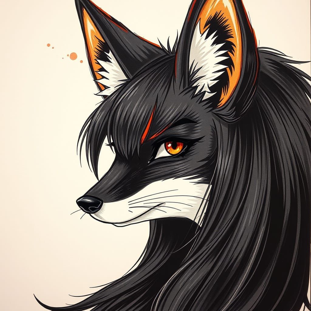 Anthro Black Fox Portrait in Manga Style