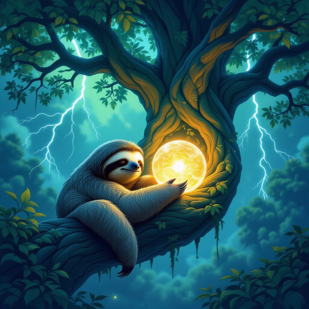 Ancient Sloth with Celestial Patterns Holds Glowing Orb