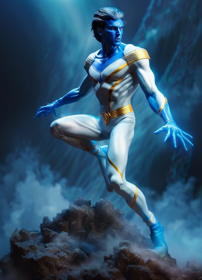 Marble Statue of Nightcrawler Jumping in Blue Fog