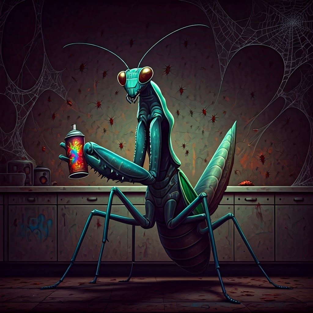 Praying Mantis Exterminator in Fauvist Sci-Fi Style