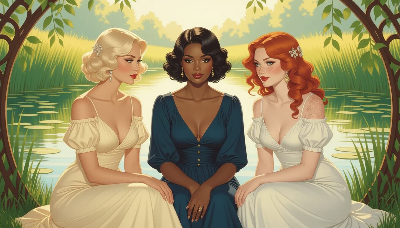 Women by Pond in Art Nouveau Style