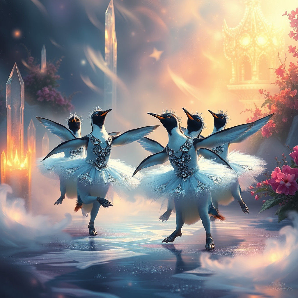 Penguin Ballet Dancers in Ethereal Dreamscape
