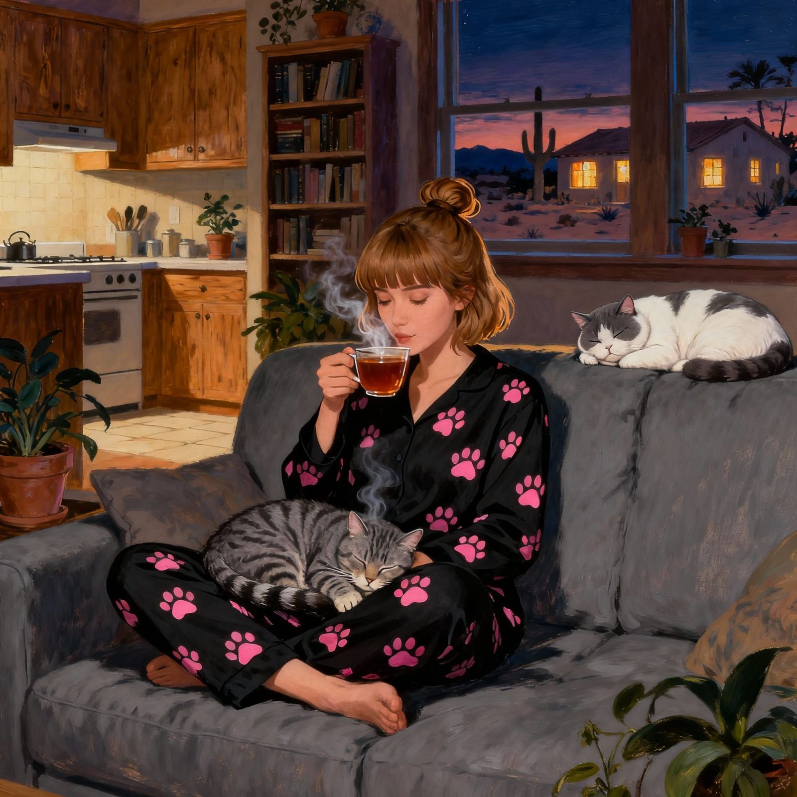 Cozy Southwest Gothic Night Scene with Woman and Cats