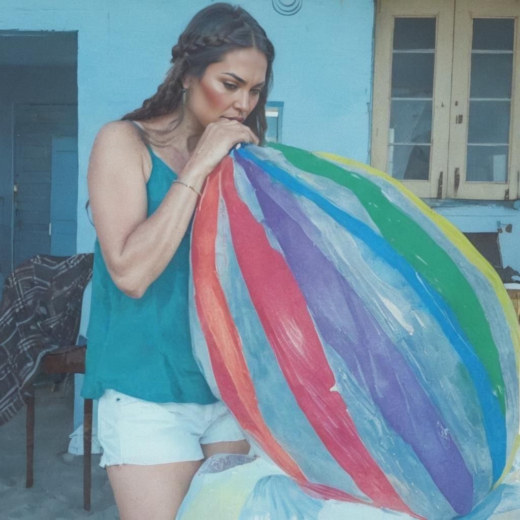 Native American Woman Inflating Beach Ball