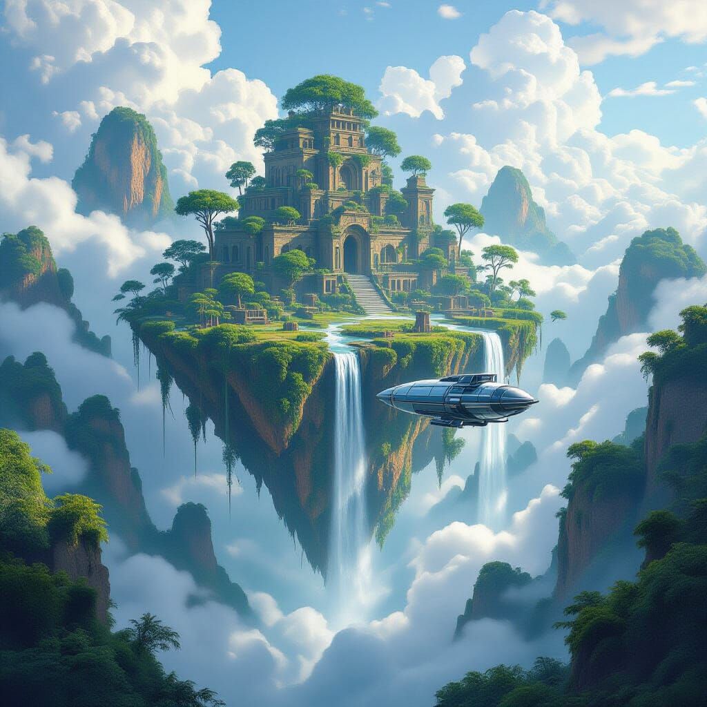 Floating Jungle Island with Waterfalls and Airship