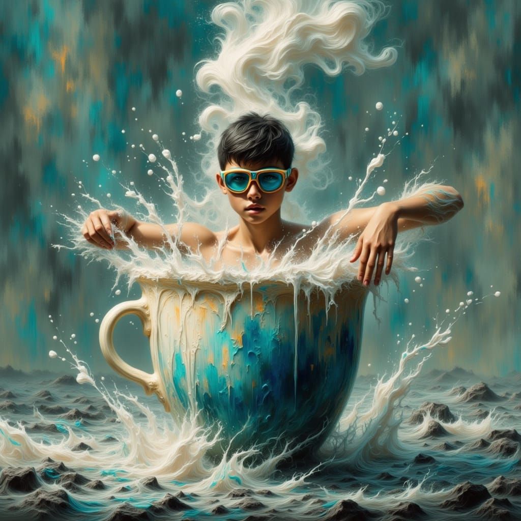 Man Dives into Coffee Cup: Digital Art