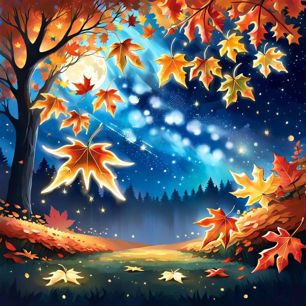 Celestial Autumn Night: Stars and Falling Leaves