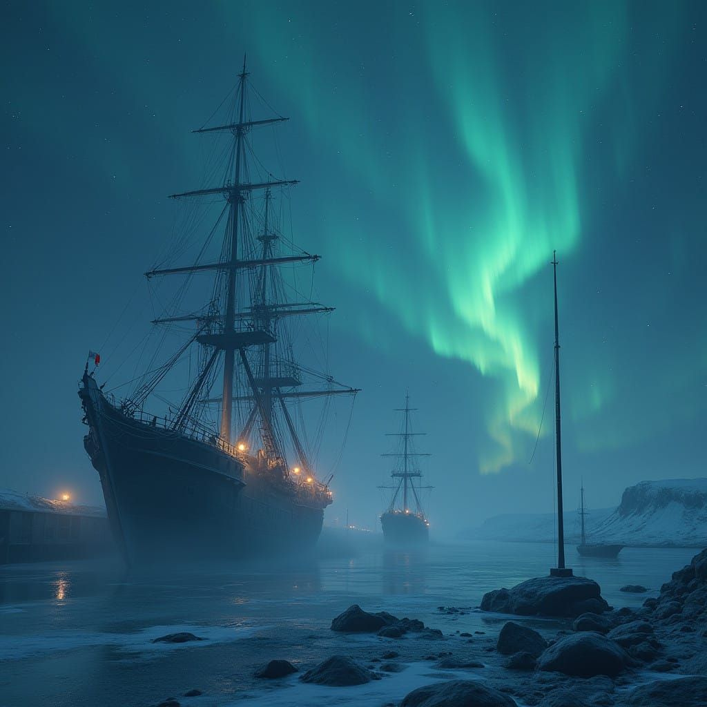 Ethereal Shipyard Under Starry Night Sky Illuminated by Auro...