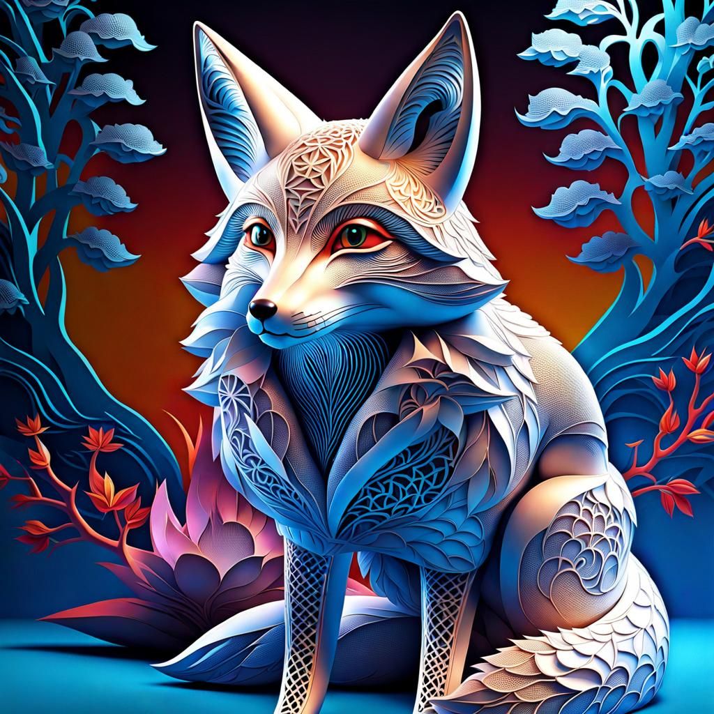 Intricate 3D Japanese Fox in Lace Coat