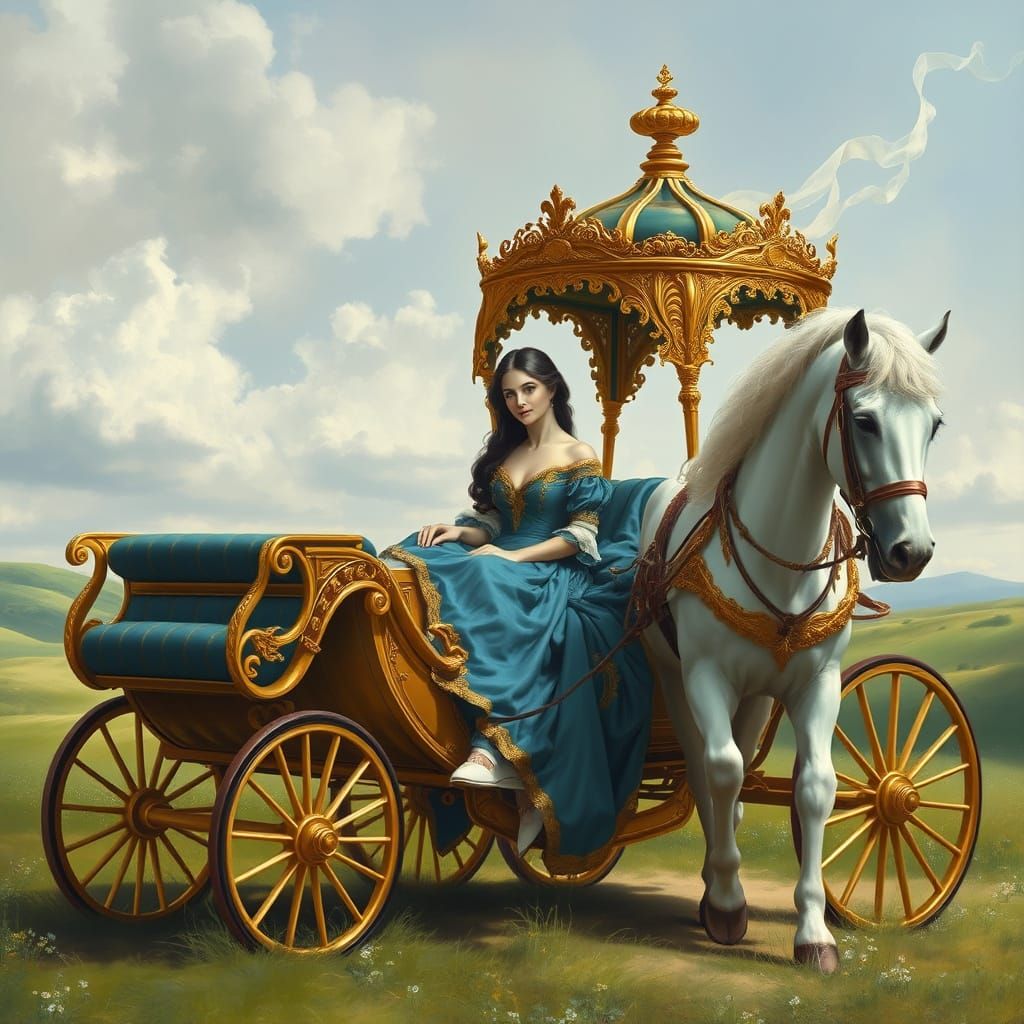 Elegant Woman Rides in Lavish Gold-Trimmed Carriage