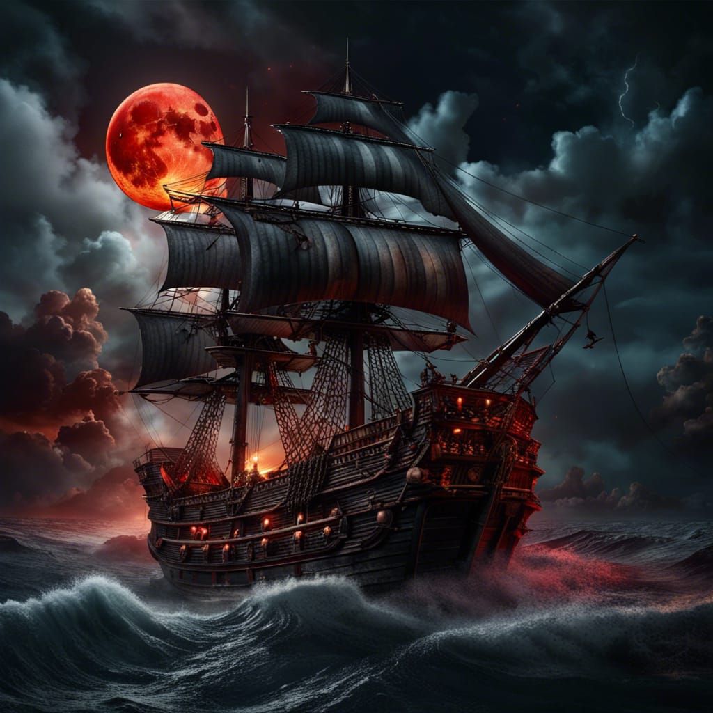 Spooky Galleon Under Blood Moon: Photorealistic Rendering