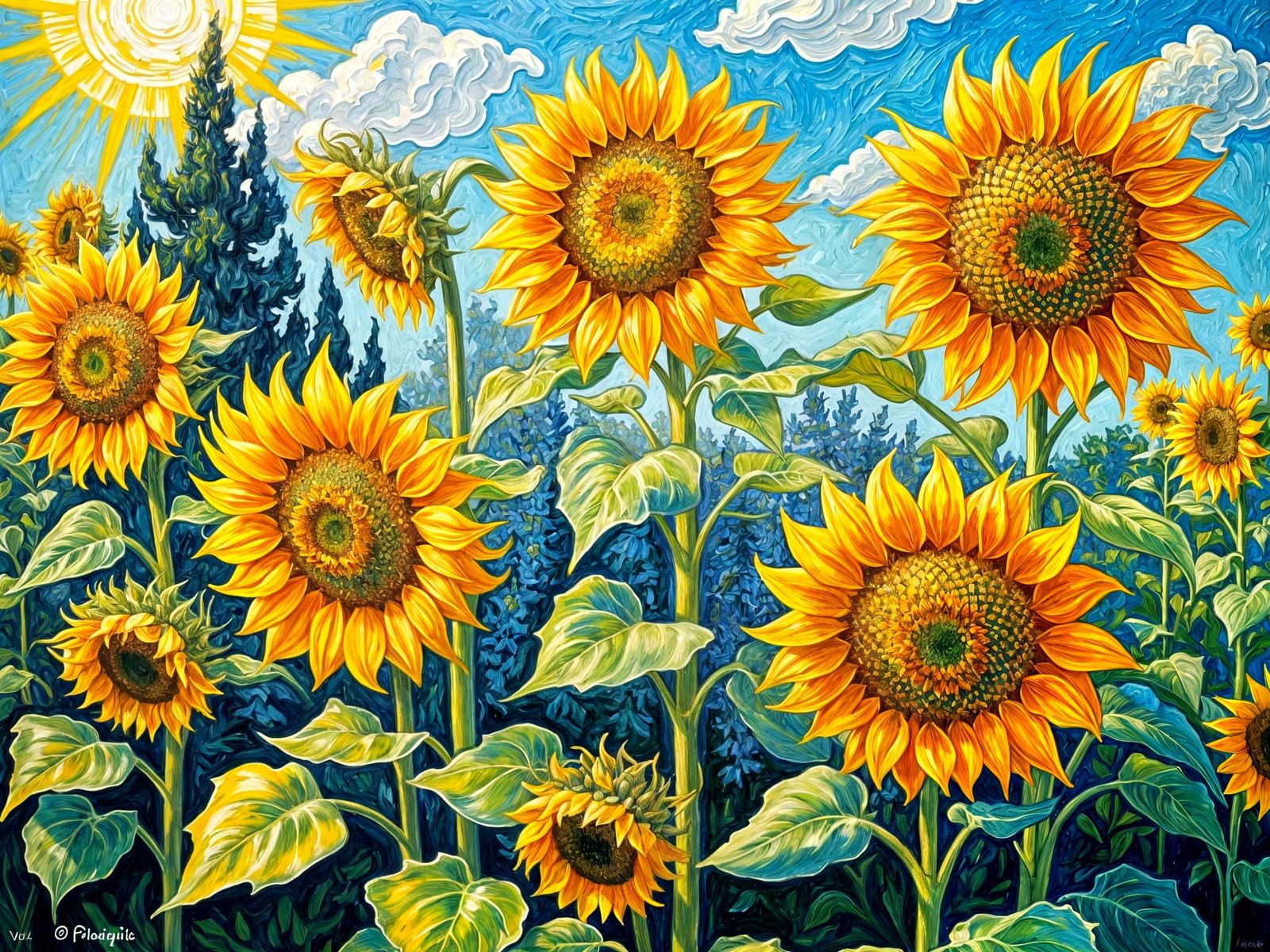 Sunflower Garden in Van Gogh Impasto Style