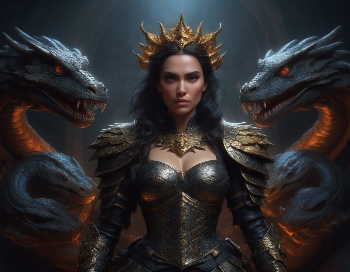 Regal Dark Fantasy Woman Surrounded by Fierce Dragons