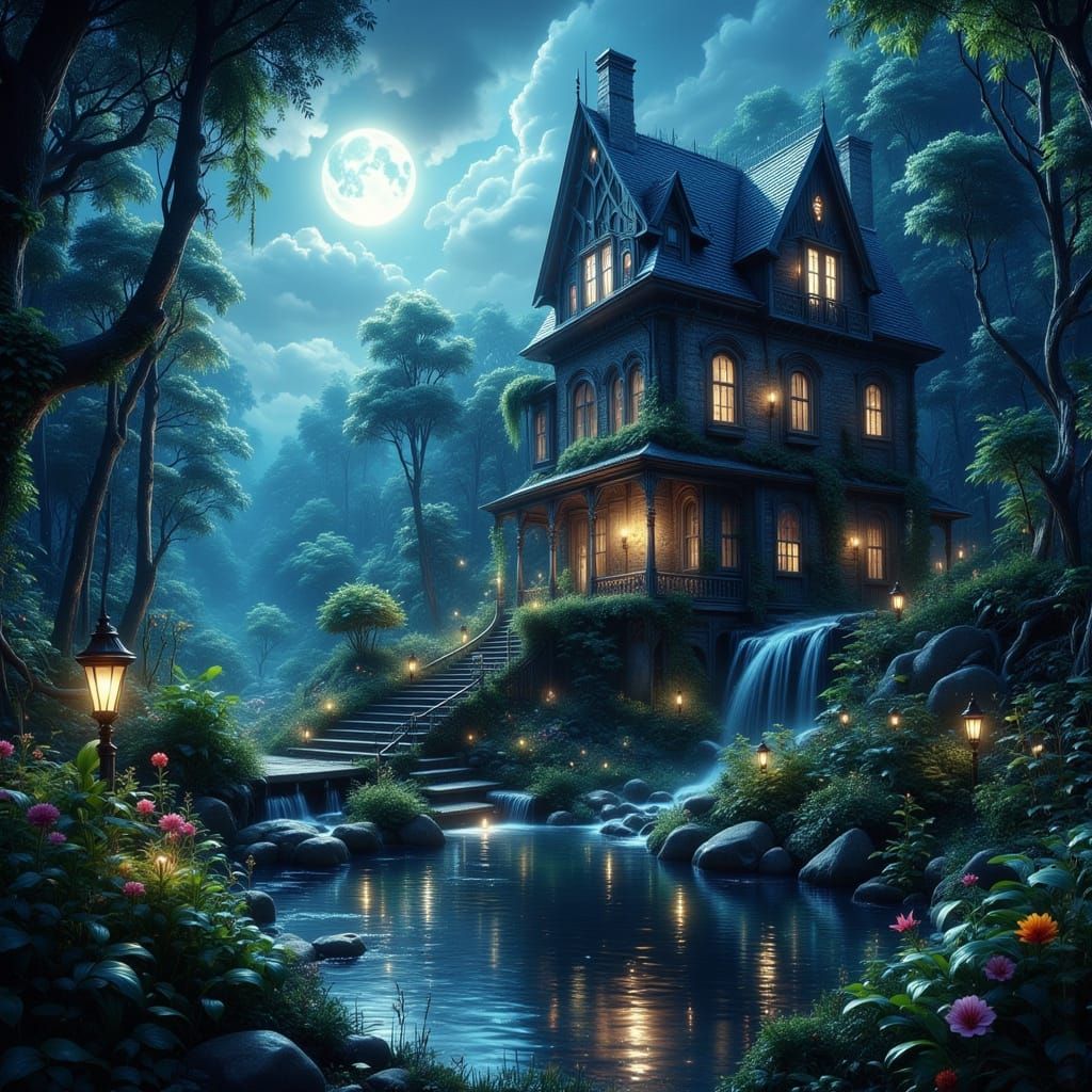 Moonlit Garden Staircase to Clouds