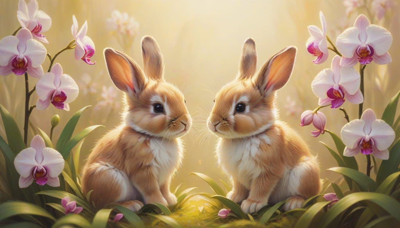 Two Adorable Bunnies Amidst Orchids in Vibrant Oil Painting