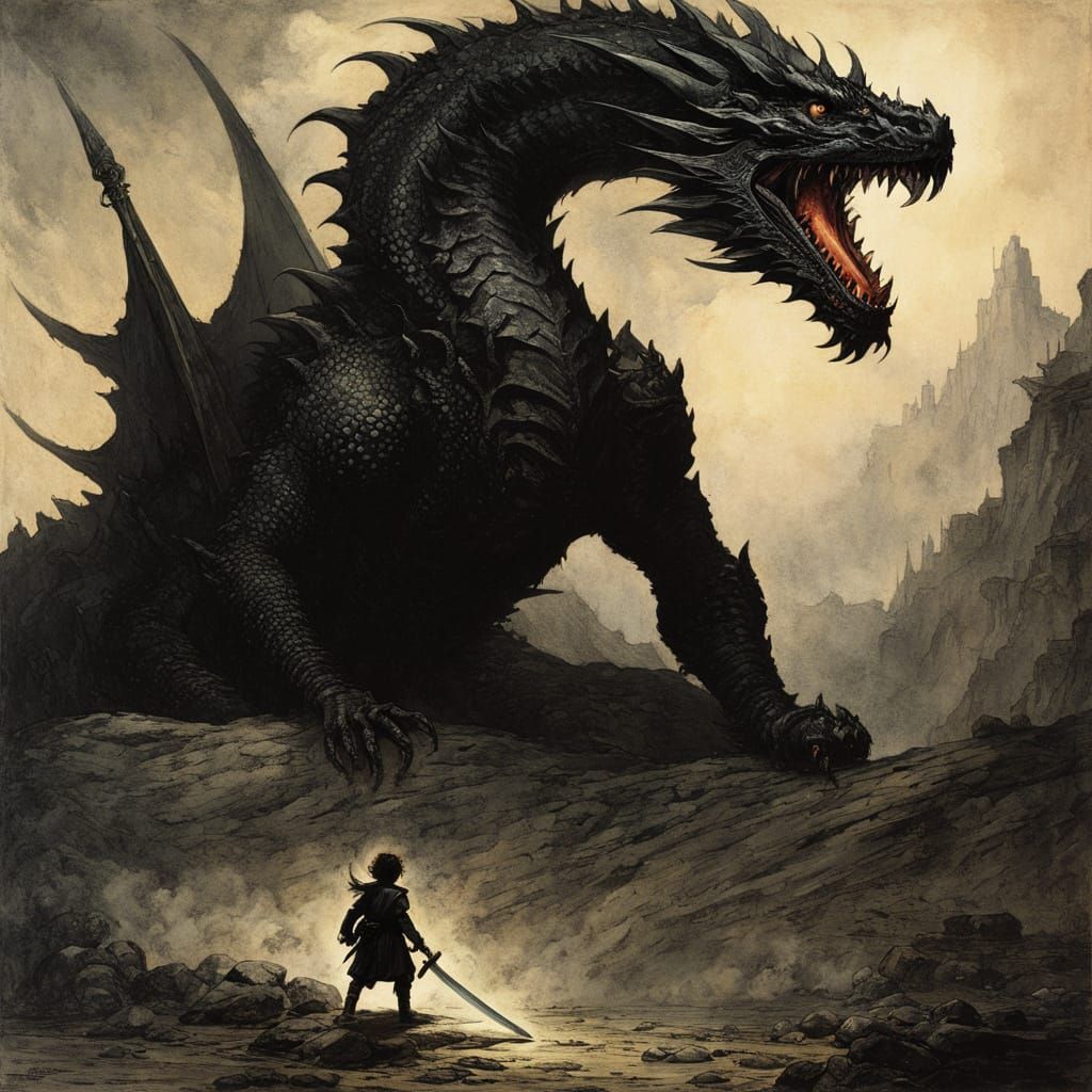 Majestic Dragon Confronts Hero in Chiaroscuro Style