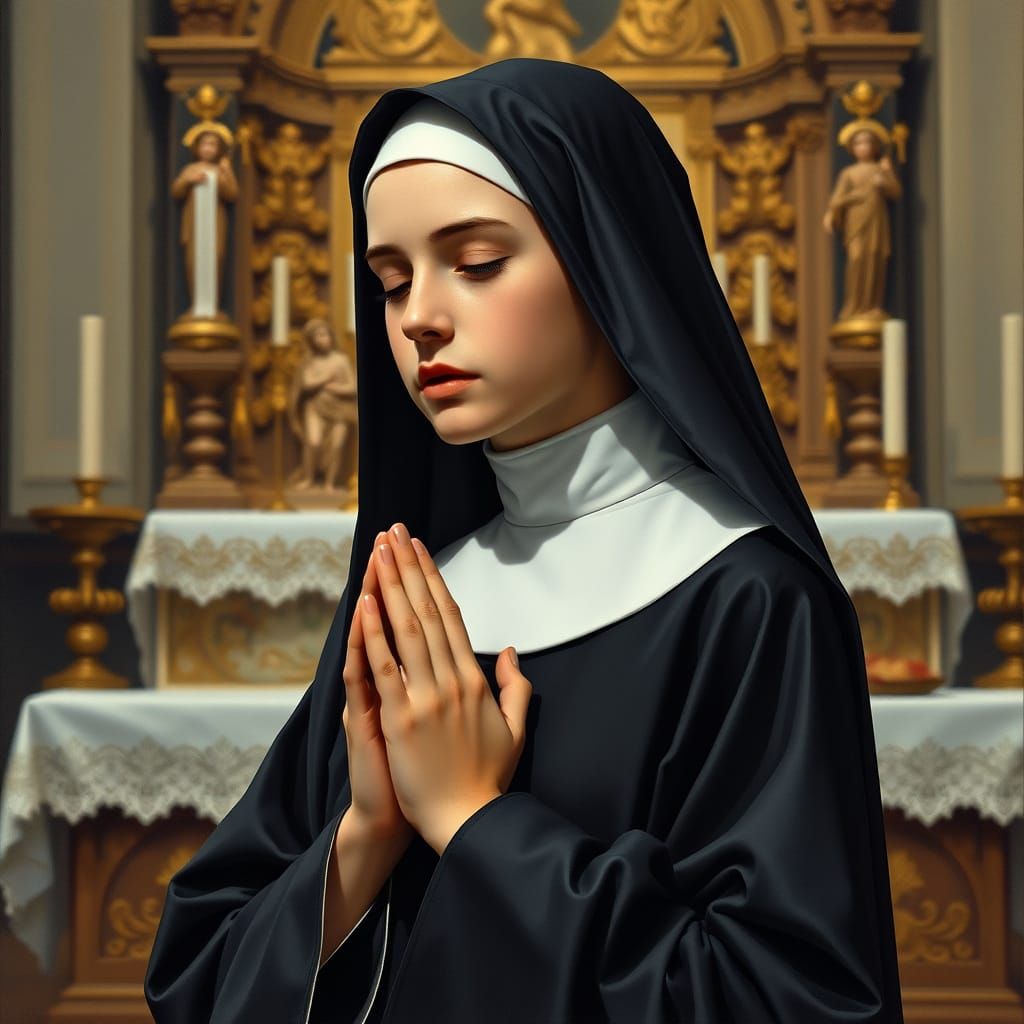 Nun Praying at Saint Agnes Altar in Hyperrealistic Style